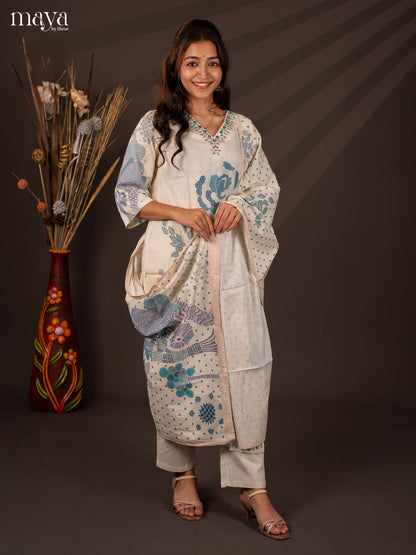 Cream Cotton 3Pc Salwar Suit With Floral Print - Top , Bottom & Dupatta - Shop on Shrus.com