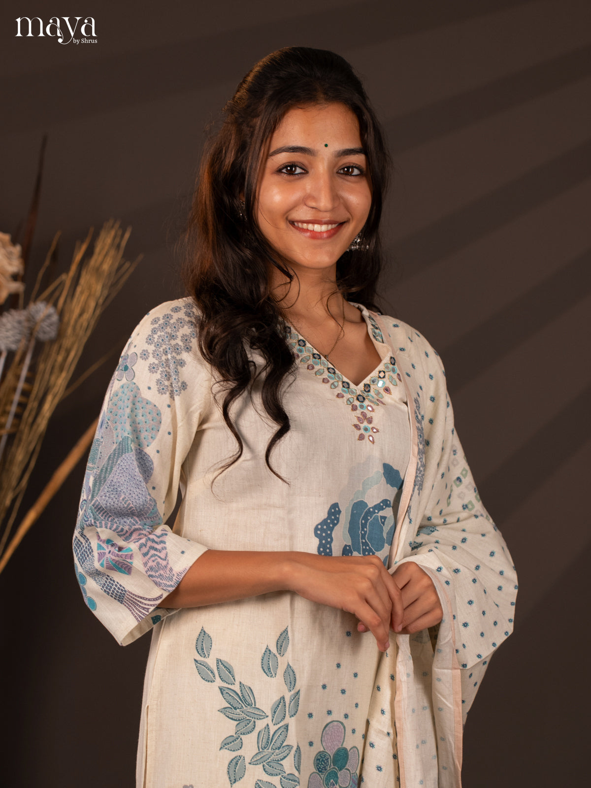 Cream Cotton 3Pc Salwar Suit With Floral Print - Top , Bottom & Dupatta - Shop on Shrus.com