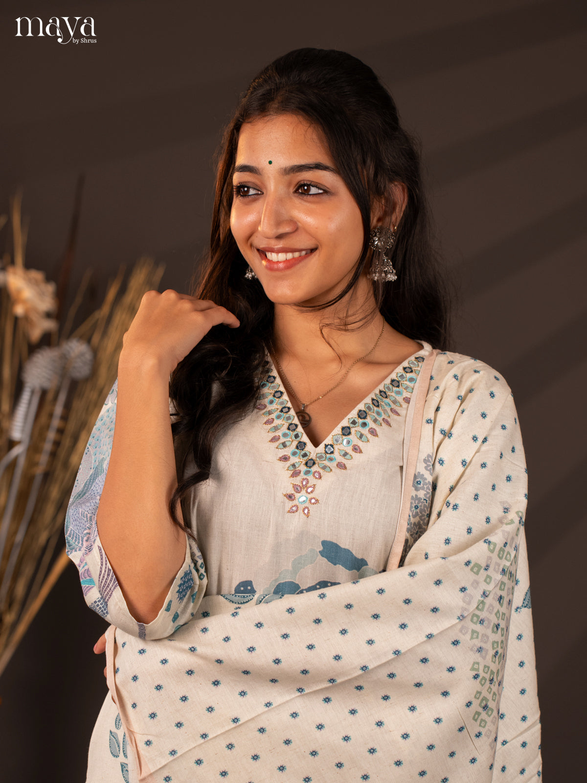 Cream Cotton 3Pc Salwar Suit With Floral Print - Top , Bottom & Dupatta - Shop on Shrus.com