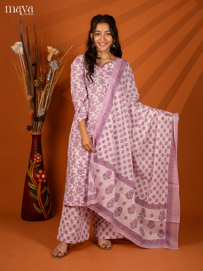 Lavender Cotton 3Pc Salwar Suit With Floral Print - Top, Bottom & Dupatta - Shop on Shrus.com