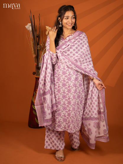 Lavender Cotton 3Pc Salwar Suit With Floral Print - Top, Bottom & Dupatta - Shop on Shrus.com