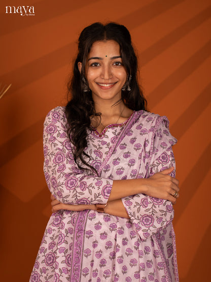 Lavender Cotton 3Pc Salwar Suit With Floral Print - Top, Bottom & Dupatta - Shop on Shrus.com