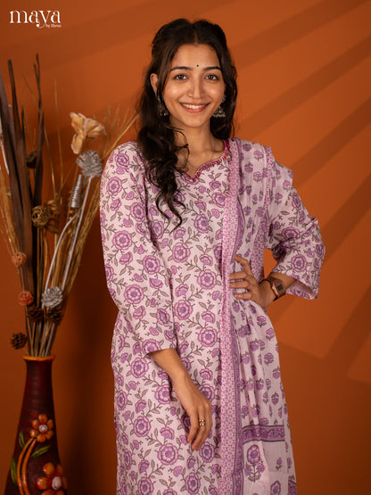 Lavender Cotton 3Pc Salwar Suit With Floral Print - Top, Bottom & Dupatta - Shop on Shrus.com