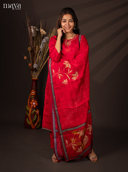 Pink Rayon 3Pc Salwar Suit With Floral Print - Top,Bottom & Dupatta - Shop on Shrus.com