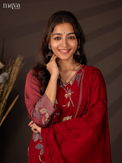 Red Rayon 3Pc Salwar Suit with Floral Print - Top, Bottom & Dupatta - Shop on Shrus.com