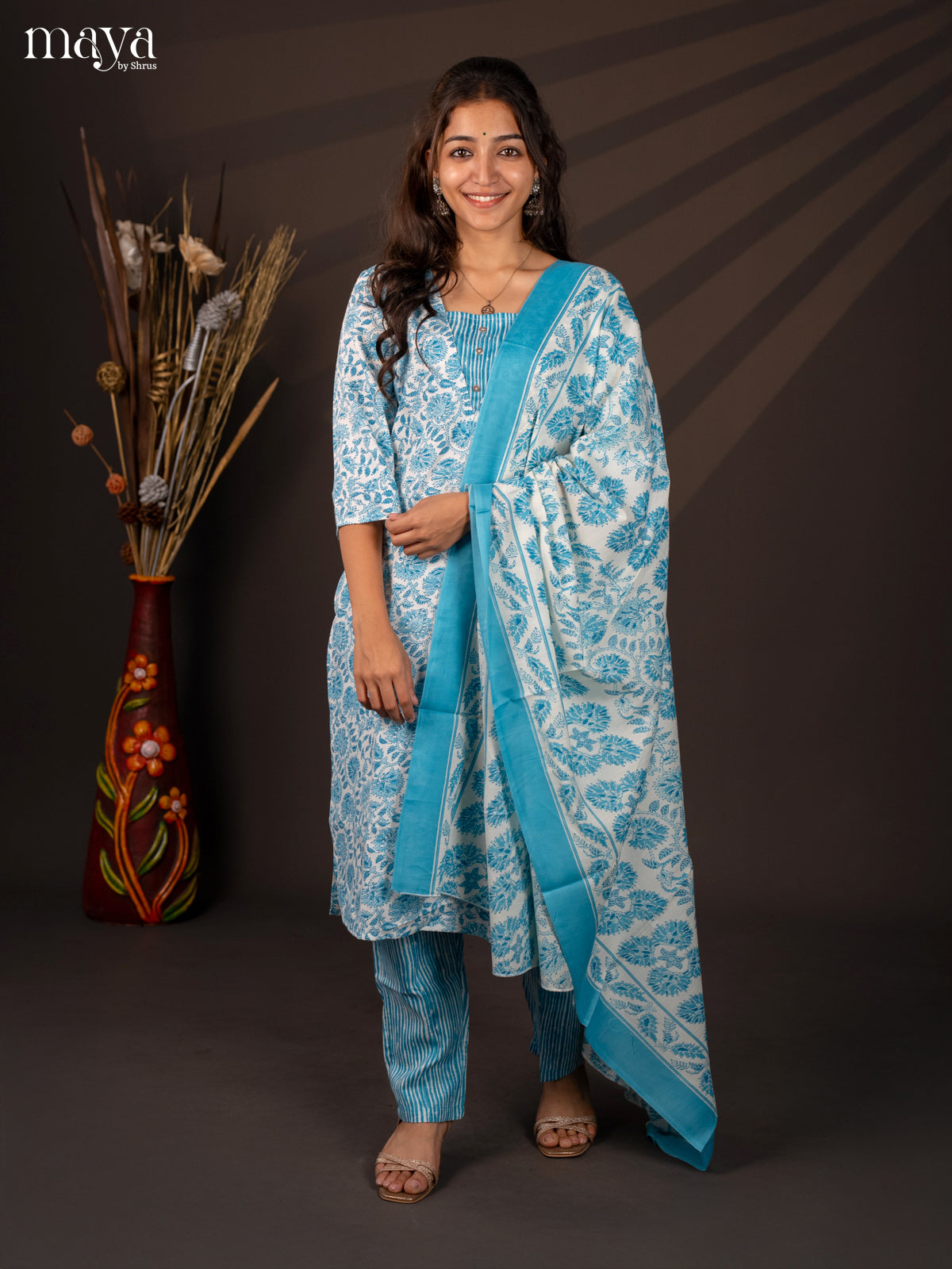 White Cotton 3Pc Cotton Salwar Suit With Floral Print - Top, Bottom & Dupatta - Shop on Shrus.com