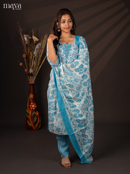 White Cotton 3Pc Cotton Salwar Suit With Floral Print - Top, Bottom & Dupatta - Shop on Shrus.com