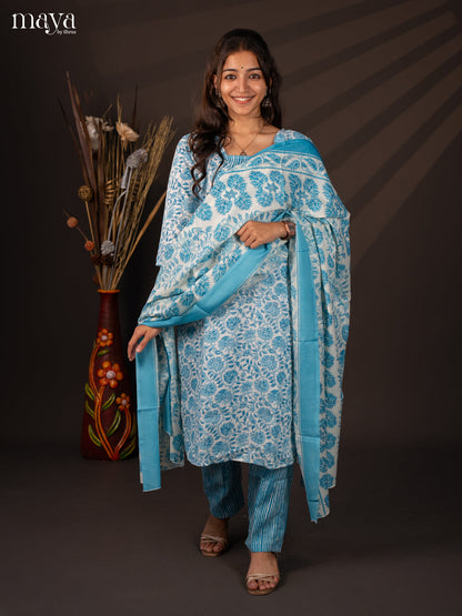 White Cotton 3Pc Cotton Salwar Suit With Floral Print - Top, Bottom & Dupatta - Shop on Shrus.com
