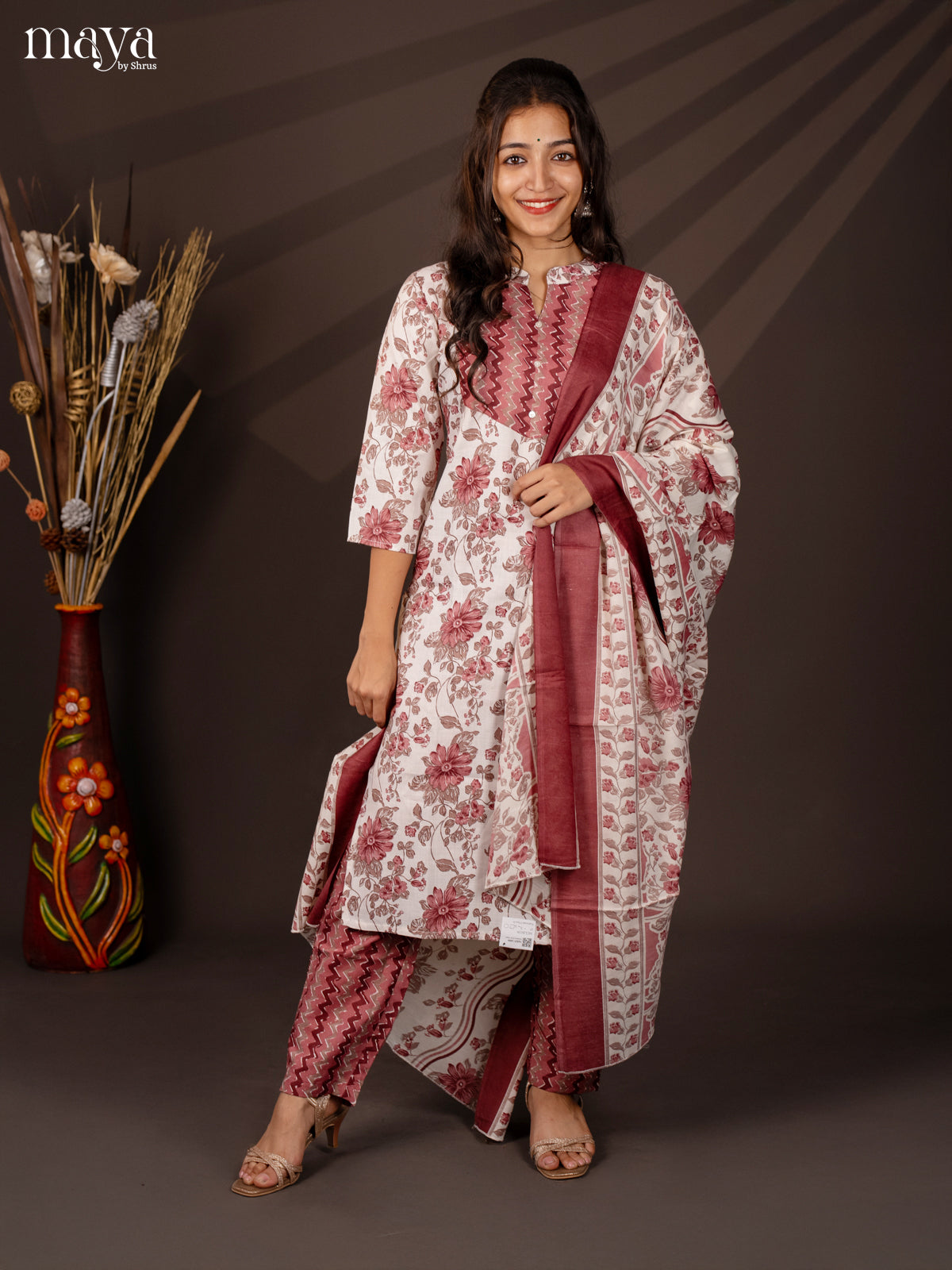 White Cotton Mix 3Pc Cotton Salwar Suit With Floral Print - Top, Bottom & Dupatta - Shop on Shrus.com