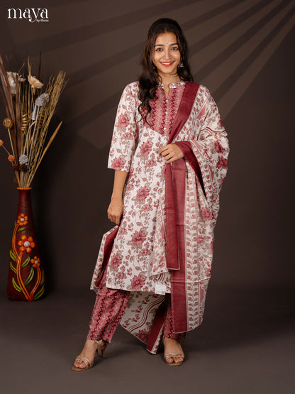 White Cotton Mix 3Pc Cotton Salwar Suit With Floral Print - Top, Bottom & Dupatta - Shop on Shrus.com