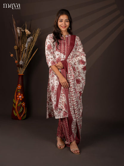 White Cotton Mix 3Pc Cotton Salwar Suit With Floral Print - Top, Bottom & Dupatta - Shop on Shrus.com
