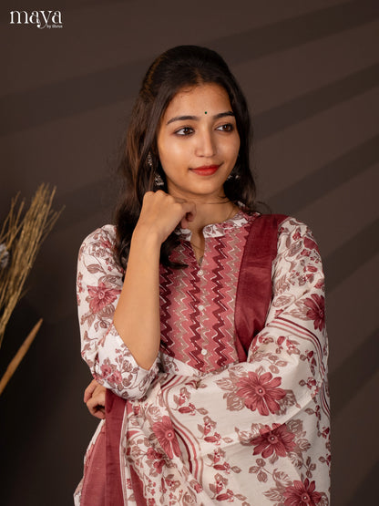 White Cotton Mix 3Pc Cotton Salwar Suit With Floral Print - Top, Bottom & Dupatta - Shop on Shrus.com