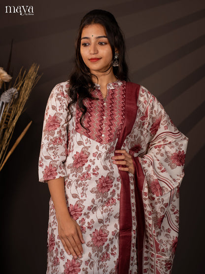 White Cotton Mix 3Pc Cotton Salwar Suit With Floral Print - Top, Bottom & Dupatta - Shop on Shrus.com