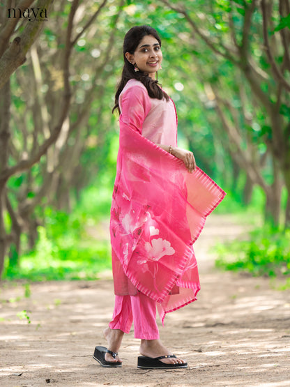 Pink Chanderi 3Pc Salwar Suit with Floral Print - Top, Bottom & Dupatta - Shop on Shrus.com