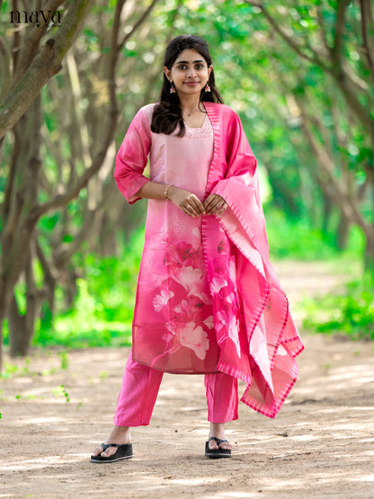 Pink Chanderi 3Pc Salwar Suit with Floral Print - Top, Bottom & Dupatta - Shop on Shrus.com