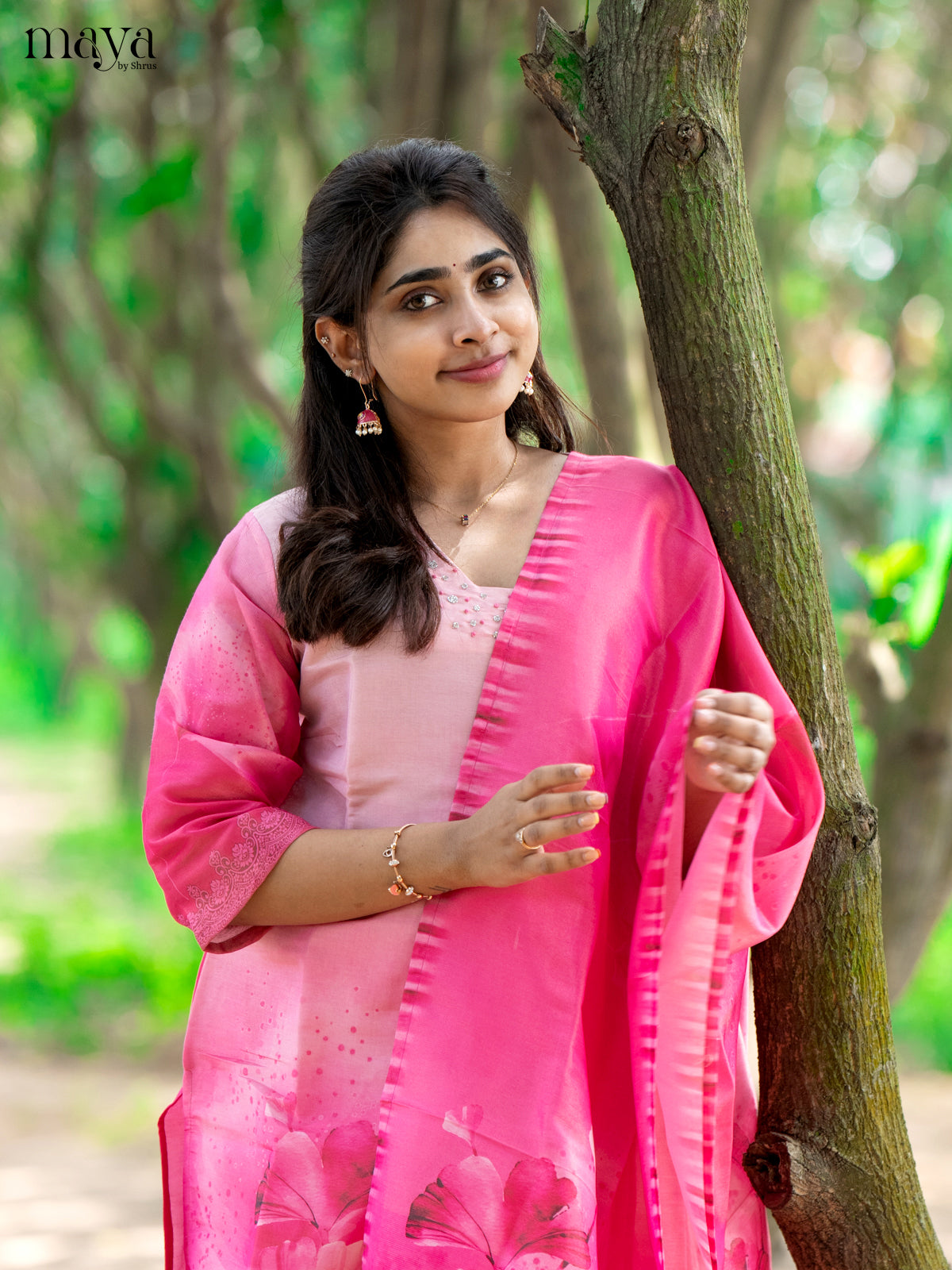 Pink Chanderi 3Pc Salwar Suit with Floral Print - Top, Bottom & Dupatta - Shop on Shrus.com