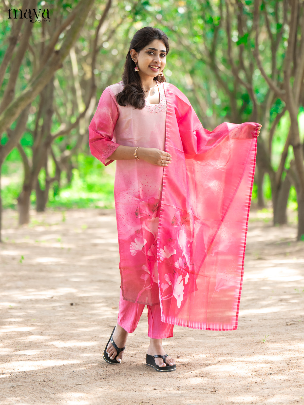 Pink Chanderi 3Pc Salwar Suit with Floral Print - Top, Bottom & Dupatta - Shop on Shrus.com