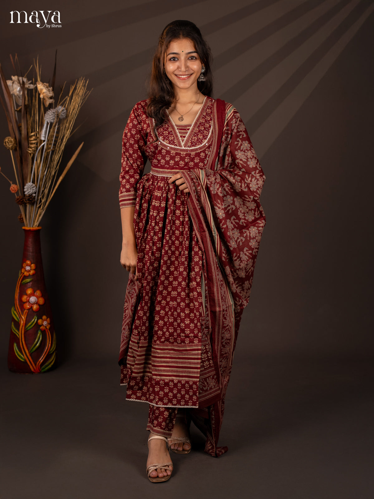 Maroon Cotton 3Pc Salwar Suit With Floral Print - Top, Bottom & Dupatta - Shop on Shrus.com