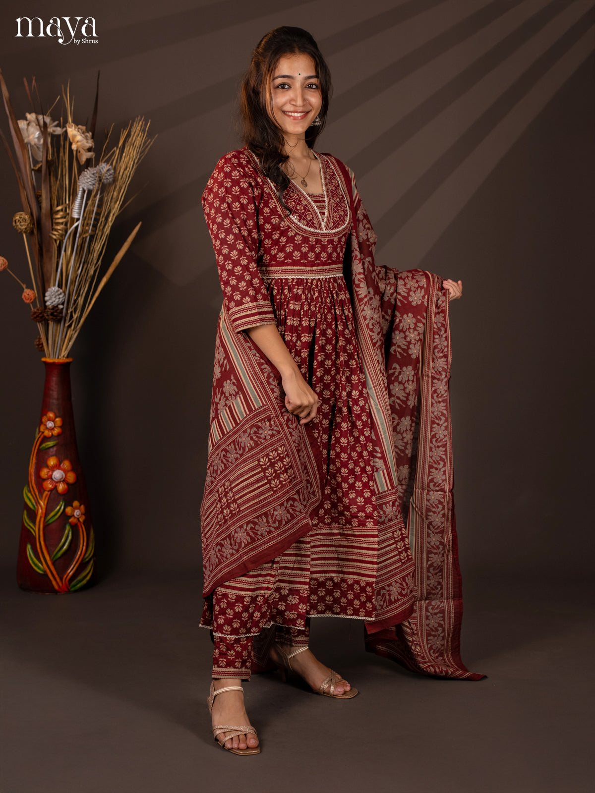Maroon Cotton 3Pc Salwar Suit With Floral Print - Top, Bottom & Dupatta - Shop on Shrus.com