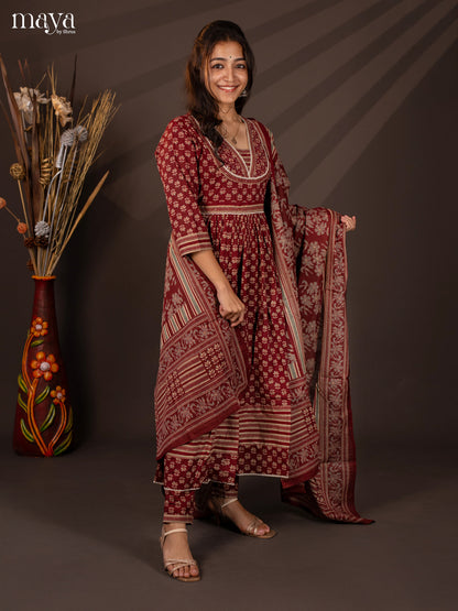 Maroon Cotton 3Pc Salwar Suit With Floral Print - Top, Bottom & Dupatta - Shop on Shrus.com