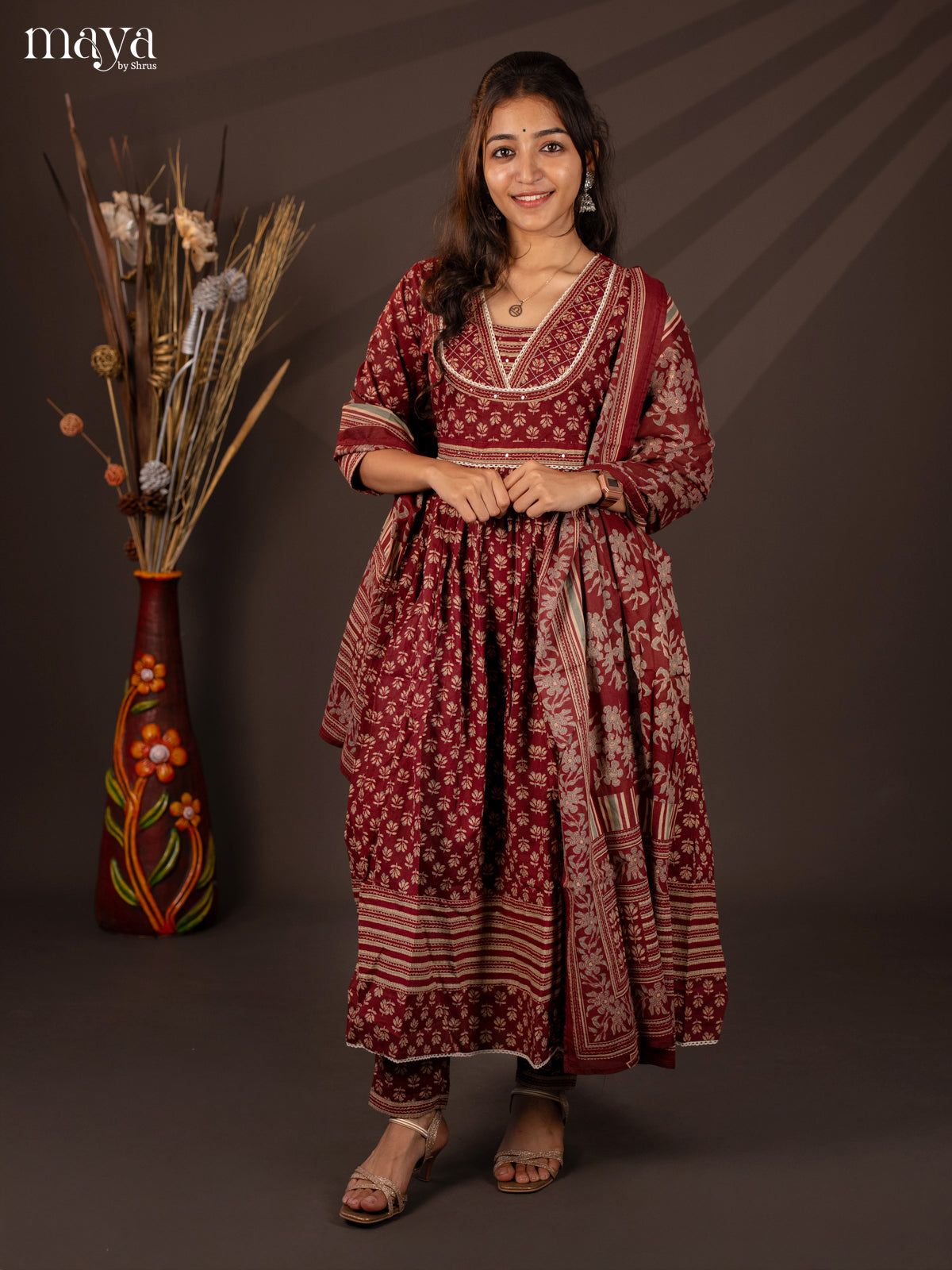 Maroon Cotton 3Pc Salwar Suit With Floral Print - Top, Bottom & Dupatta - Shop on Shrus.com