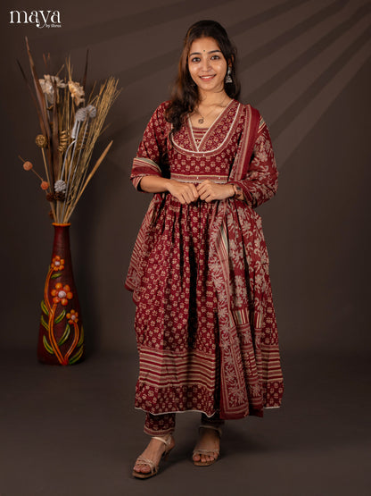 Maroon Cotton 3Pc Salwar Suit With Floral Print - Top, Bottom & Dupatta - Shop on Shrus.com