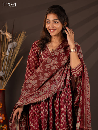 Maroon Cotton 3Pc Salwar Suit With Floral Print - Top, Bottom & Dupatta - Shop on Shrus.com
