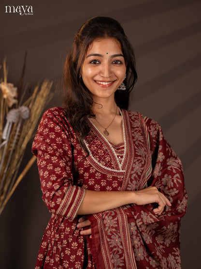 Maroon Cotton 3Pc Salwar Suit With Floral Print - Top, Bottom & Dupatta - Shop on Shrus.com