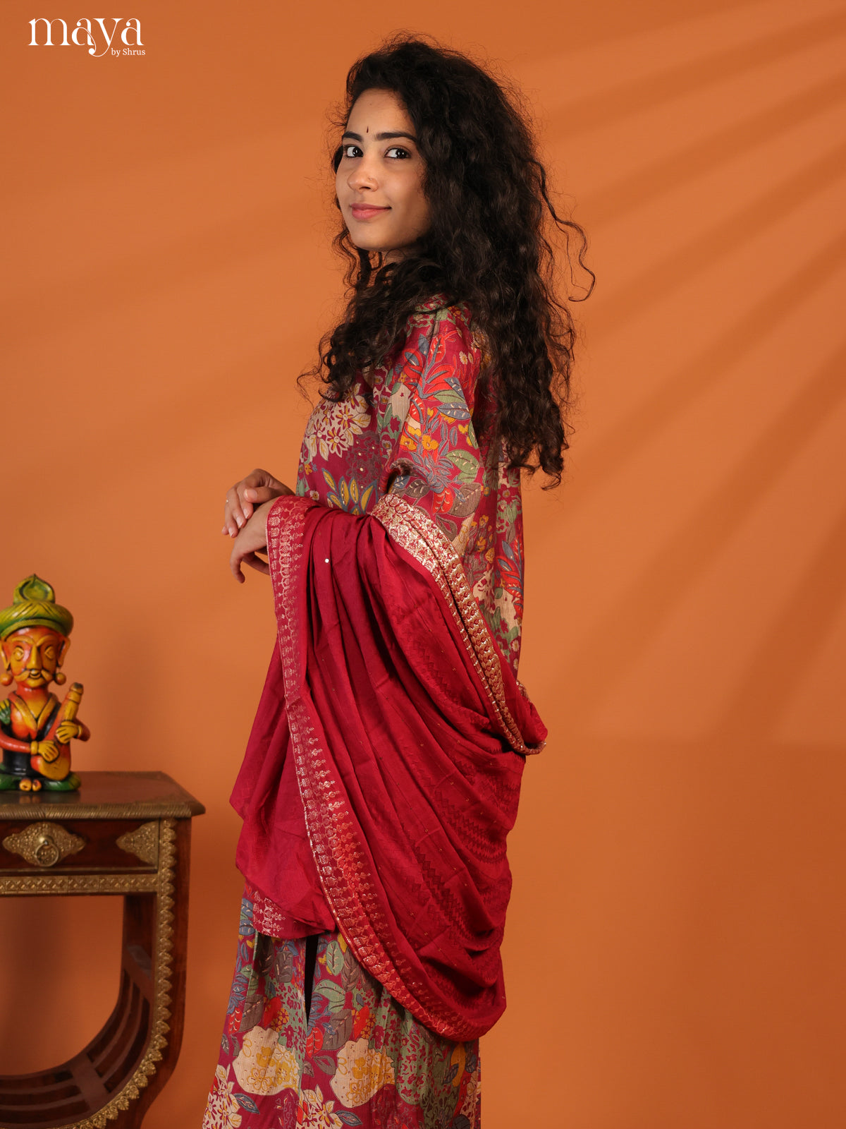 Maroon Linen Cotton 3Pc Salwar Suit With Floral Print - Top, Bottom & Dupatta - Shop on Shrus.com