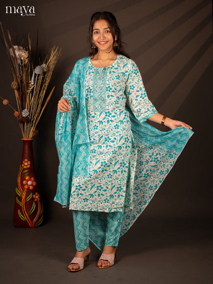Cream Cotton 3Pc Salwar Suit With Floral Print - Top , Bottom & Dupatta - Shop on Shrus.com