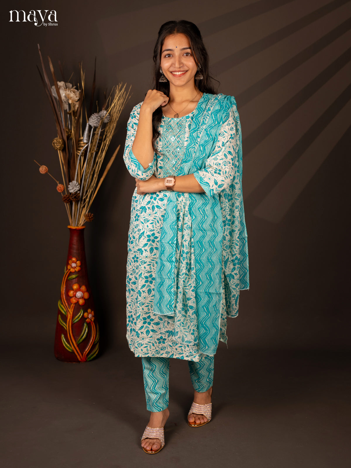 Cream Cotton 3Pc Salwar Suit With Floral Print - Top , Bottom & Dupatta - Shop on Shrus.com