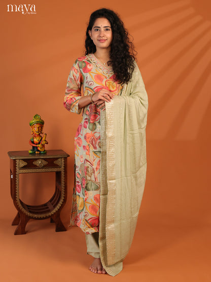 Green Linen Cotton 3Pc Salwar Suit With Floral Print - Top, Bottom & Dupatta - Shop on Shrus.com