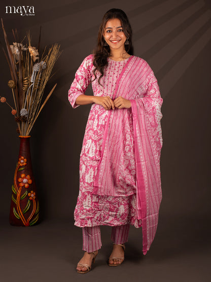 Pink Cotton 3Pc Salwar Suit With Floral Print - Top, Bottom & Dupatta - Shop on Shrus.com