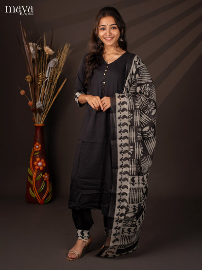 Black Cotton 3Pc Salwar Suit With Floral Print - Top, Bottom & Dupatta - Shop on Shrus.com