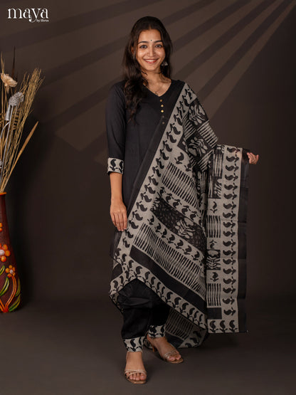 Black Cotton 3Pc Salwar Suit With Floral Print - Top, Bottom & Dupatta - Shop on Shrus.com