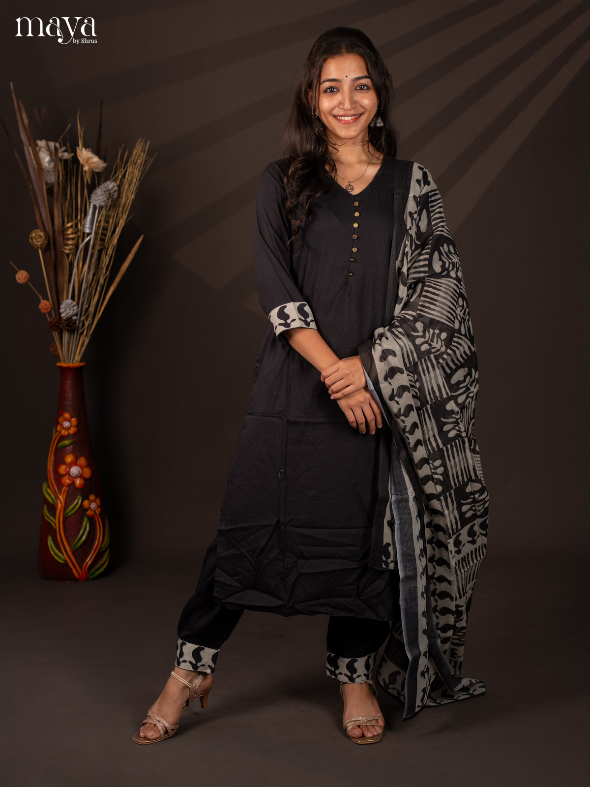 Black Cotton 3Pc Salwar Suit With Floral Print - Top, Bottom & Dupatta - Shop on Shrus.com