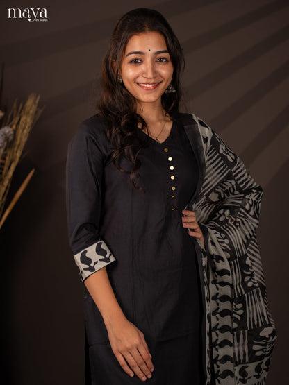 Black Cotton 3Pc Salwar Suit With Floral Print - Top, Bottom & Dupatta - Shop on Shrus.com