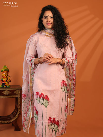 Pink Cotton 3Pc Salwar Suit With Floral Print - Top, Bottom & Dupatta - Shop on Shrus.com