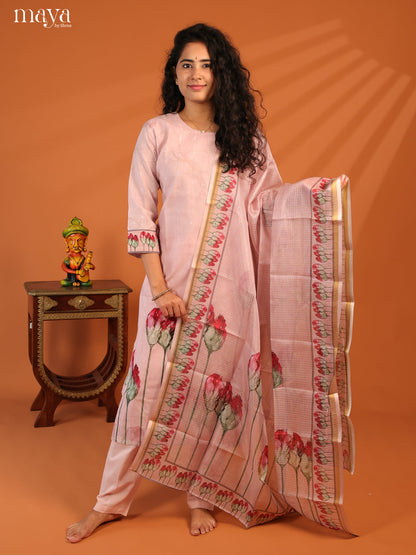 Pink Cotton 3Pc Salwar Suit With Floral Print - Top, Bottom & Dupatta - Shop on Shrus.com