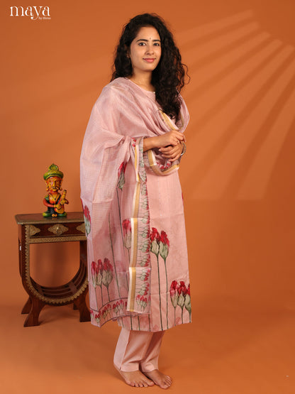 Pink Cotton 3Pc Salwar Suit With Floral Print - Top, Bottom & Dupatta - Shop on Shrus.com