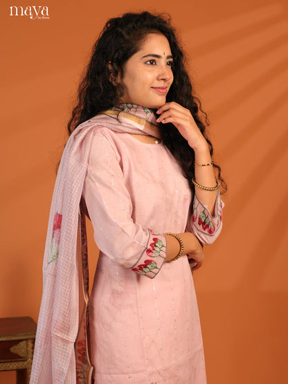 Pink Cotton 3Pc Salwar Suit With Floral Print - Top, Bottom & Dupatta - Shop on Shrus.com
