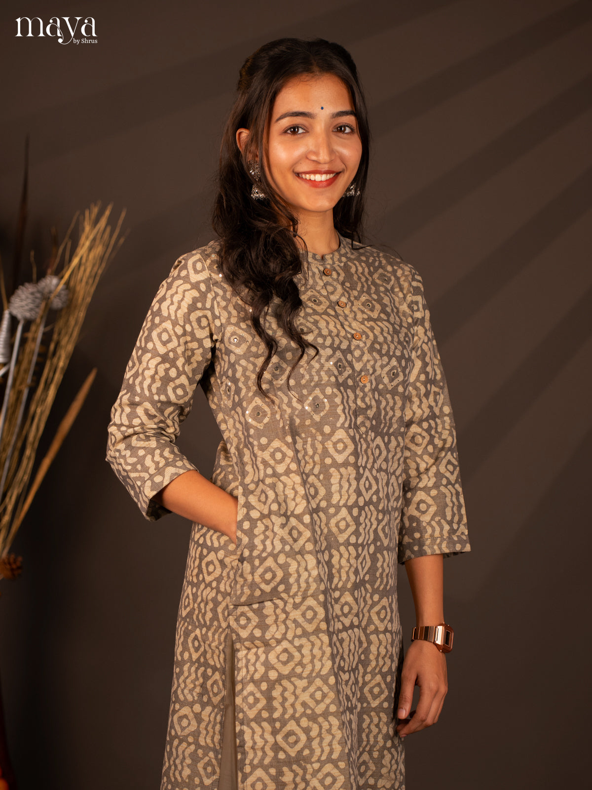 Grey Batik Printed Cotton Kurti - Shop on Shrus.com