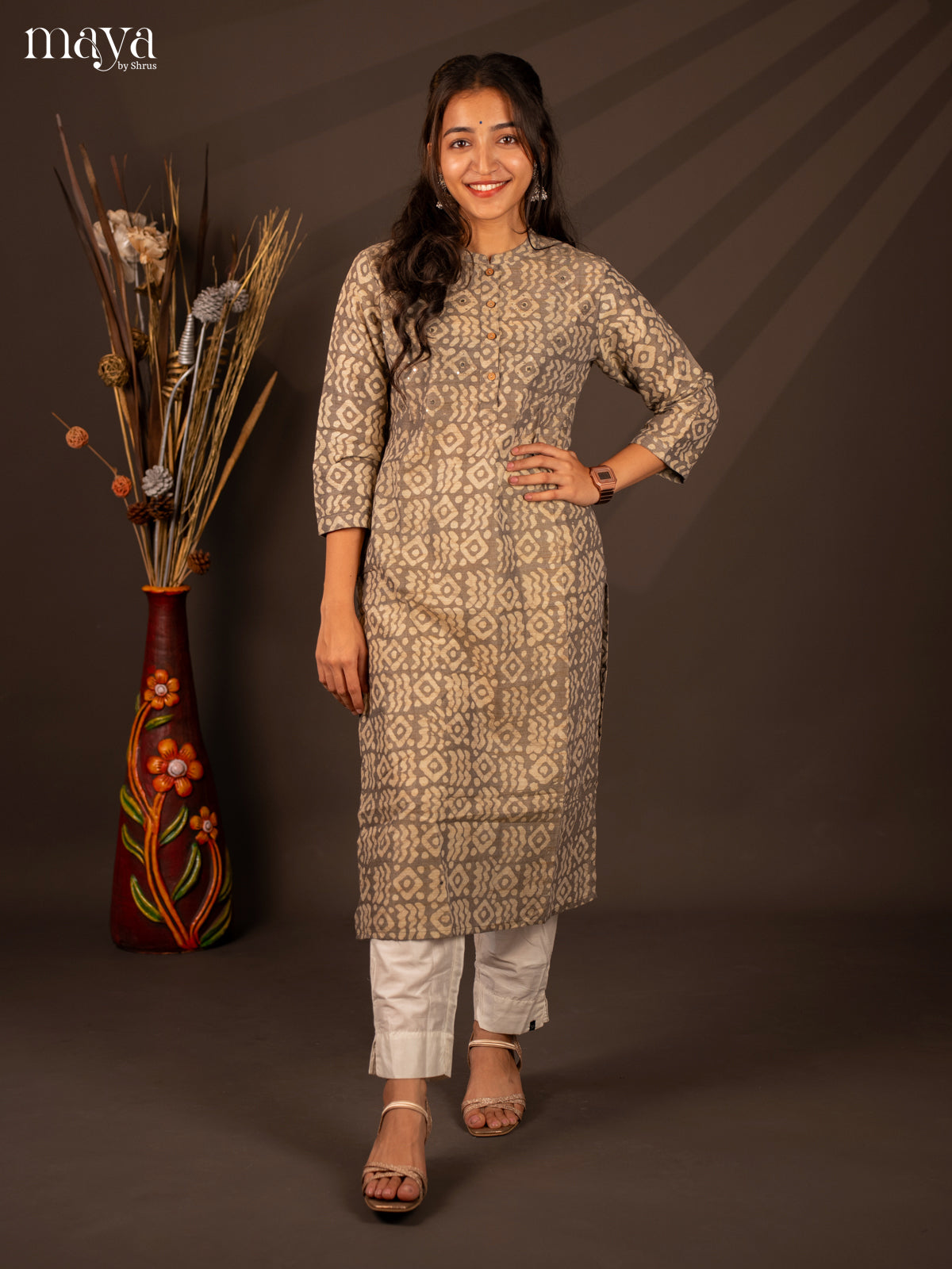 Grey Batik Printed Cotton Kurti - Shop on Shrus.com
