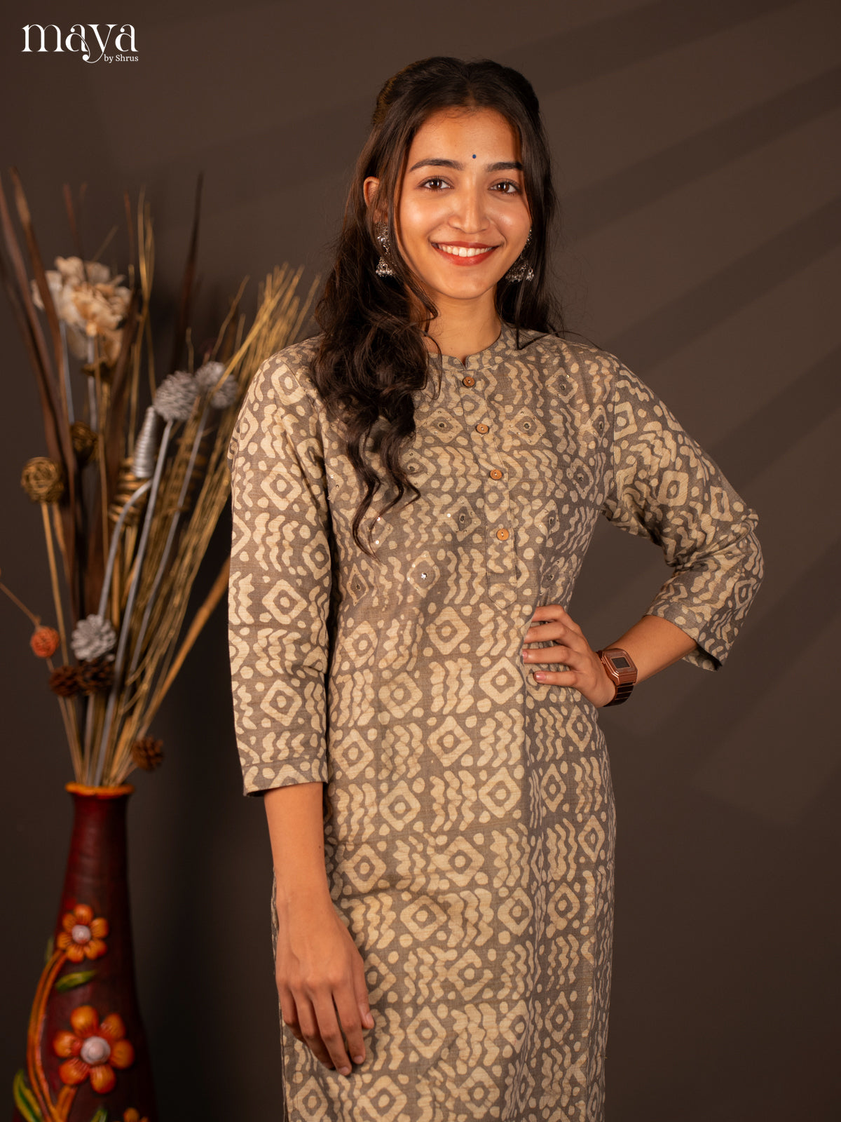Grey Batik Printed Cotton Kurti - Shop on Shrus.com