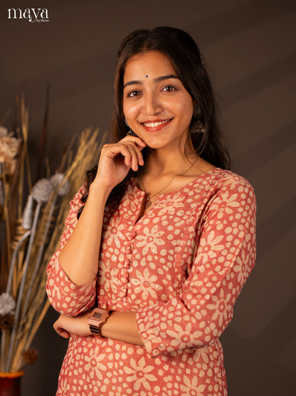 Peach Batik Printed Cotton Kurti - Shop on Shrus.com