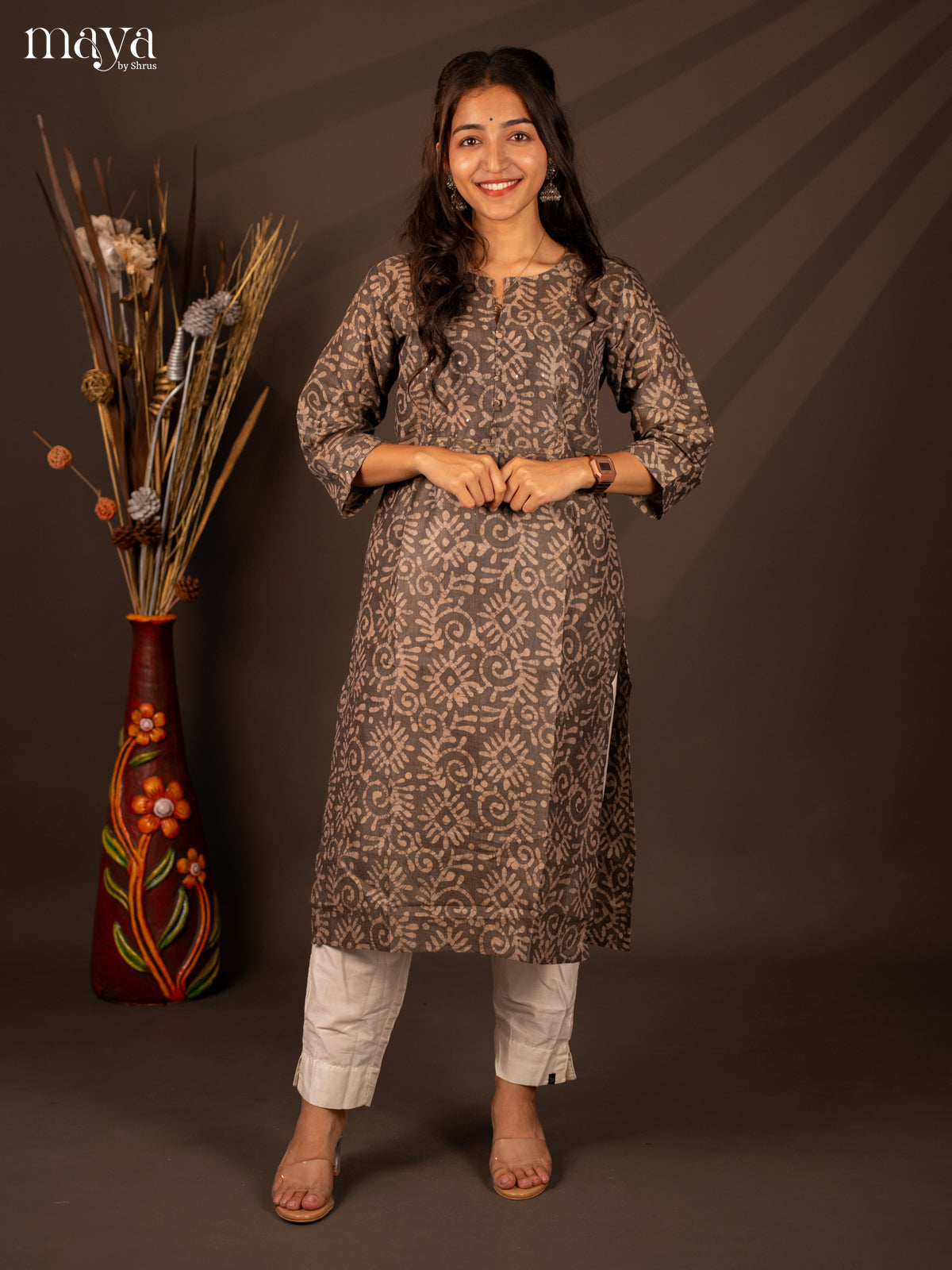 Grey Batik Printed Cotton Kurti - Shop on Shrus.com