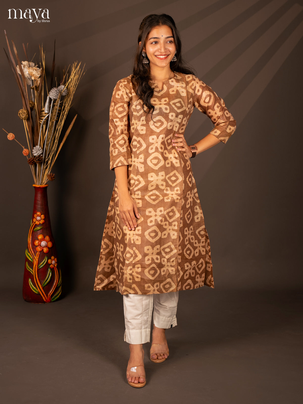 Brown Batik Printed Cotton Kurti - Shop on Shrus.com
