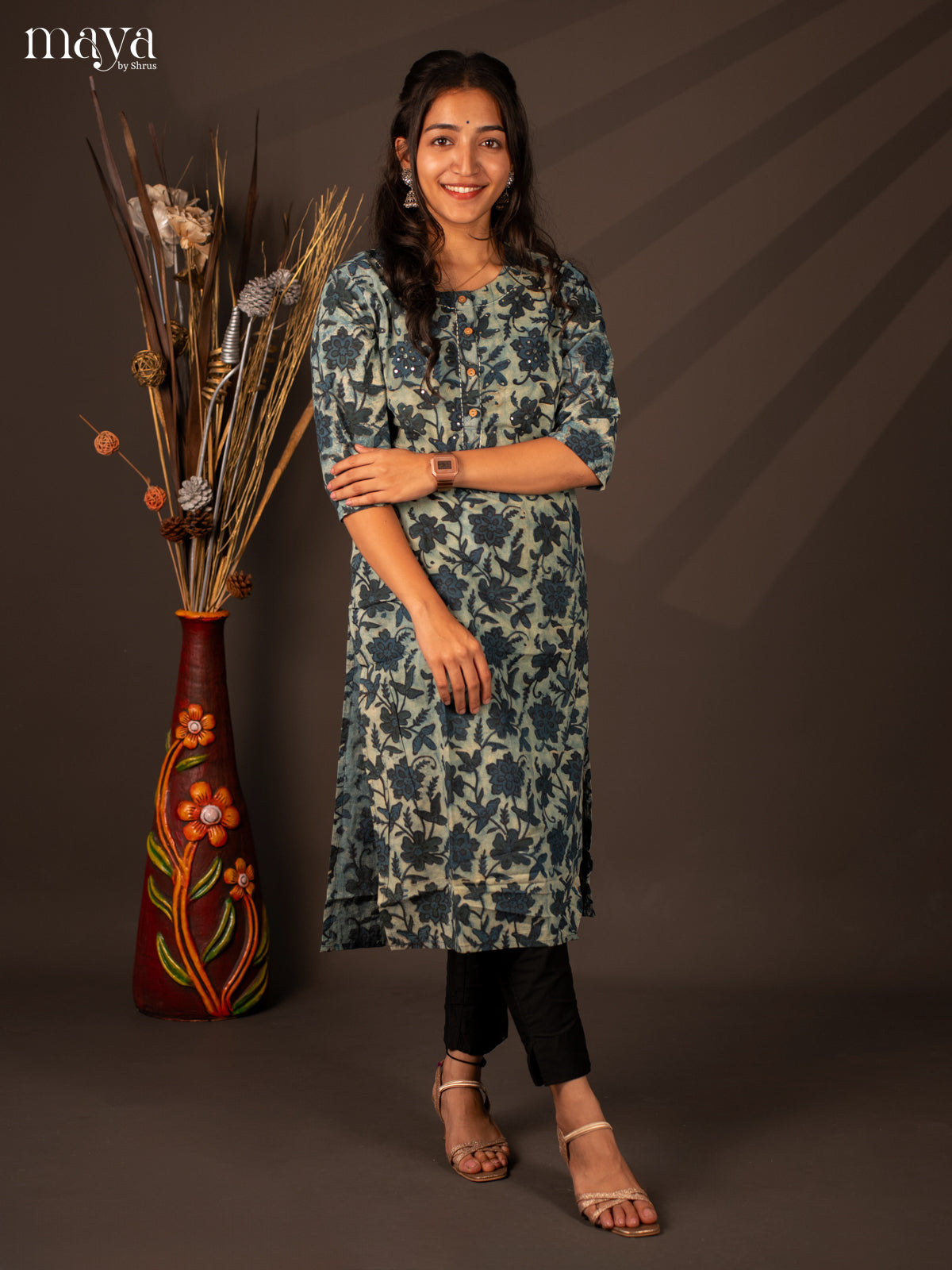 Blue Floral Printed Cotton Kurti - Shop on Shrus.com