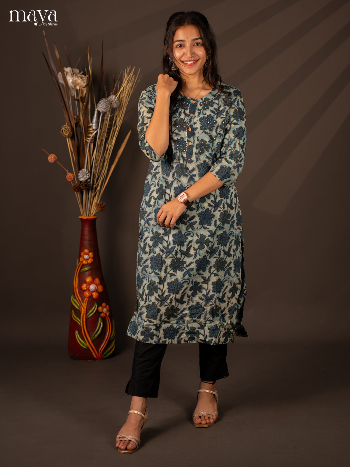 Blue Floral Printed Cotton Kurti - Shop on Shrus.com
