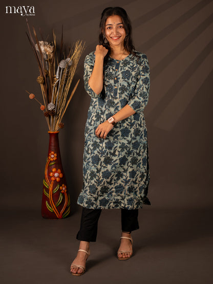 Blue Floral Printed Cotton Kurti - Shop on Shrus.com
